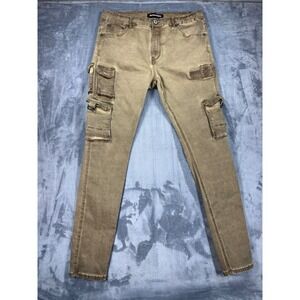 Serenede Mens 36 Fitted Denim Cargo Pants Washed Tan Khaki Streetwear Slim Fit